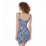 Purple And Teal Tropical Leaf Print Sleeveless Bodycon Dress