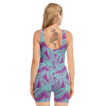 Purple And Teal Tropical Leaf Print Sleeveless One Piece Swimsuit