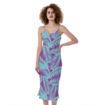 Purple And Teal Tropical Leaf Print Slim Fit Midi Cami Dress