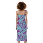 Purple And Teal Tropical Leaf Print Slim Fit Midi Cami Dress