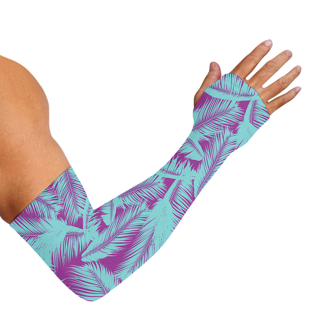 Purple And Teal Tropical Leaf Print Sun Protection Arm Sleeves