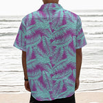 Purple And Teal Tropical Leaf Print Textured Short Sleeve Shirt