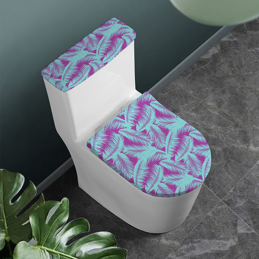 Purple And Teal Tropical Leaf Print Toilet Lid And Tank Cover Set