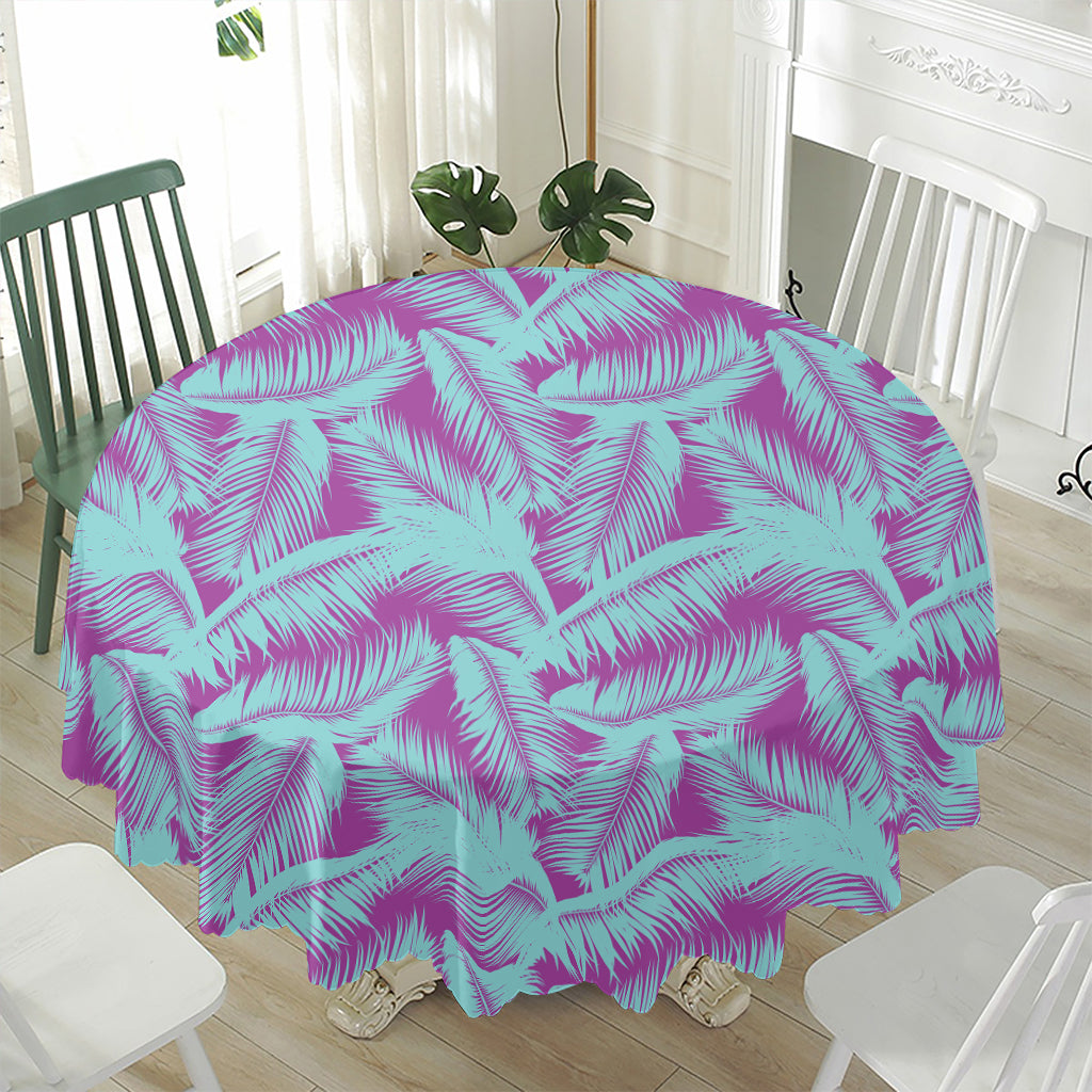 Purple And Teal Tropical Leaf Print Waterproof Round Tablecloth