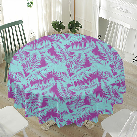 Purple And Teal Tropical Leaf Print Waterproof Round Tablecloth