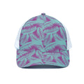 Purple And Teal Tropical Leaf Print White Mesh Trucker Hat
