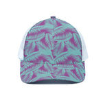 Purple And Teal Tropical Leaf Print White Mesh Trucker Cap
