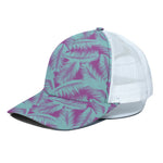 Purple And Teal Tropical Leaf Print White Mesh Trucker Cap