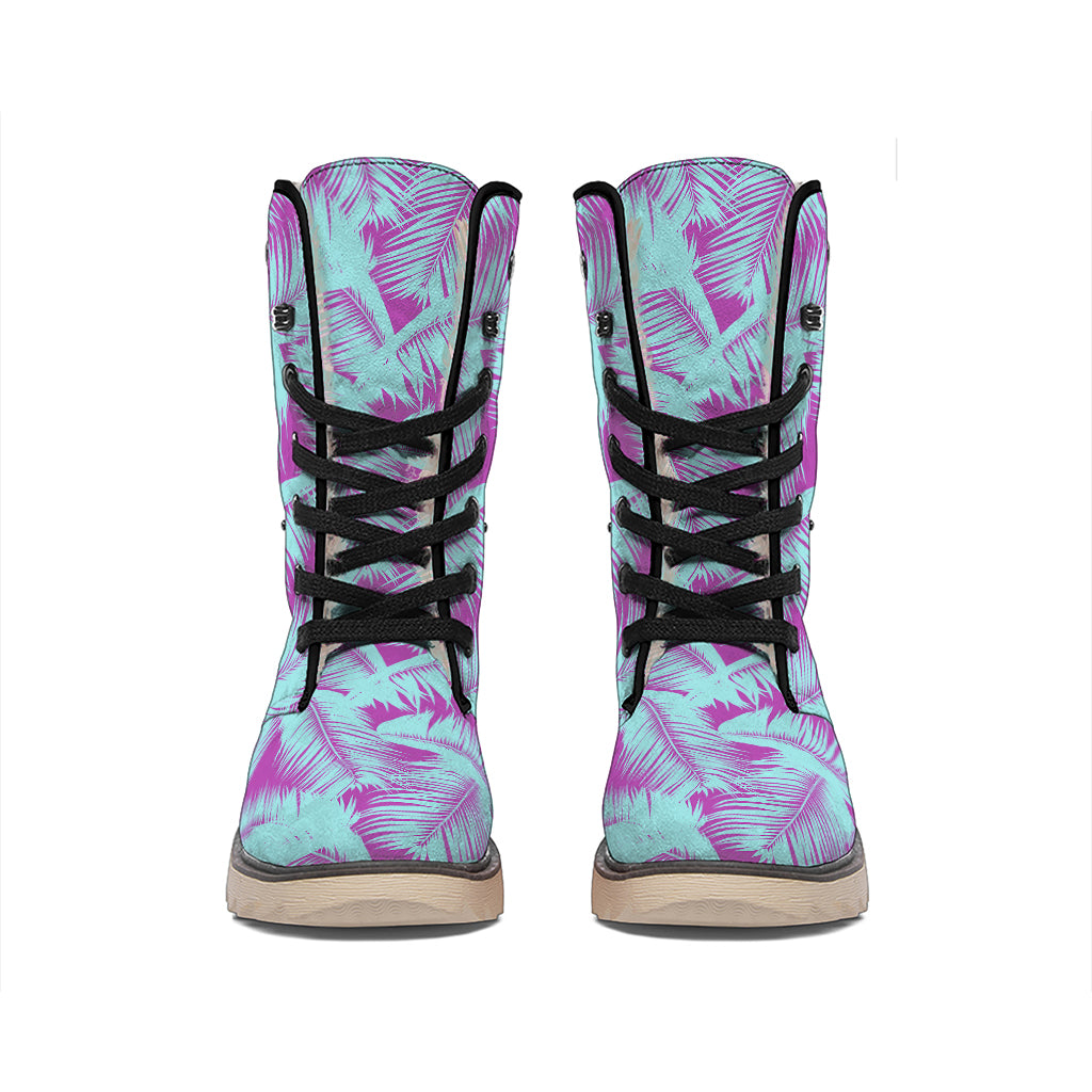 Purple And Teal Tropical Leaf Print Winter Boots