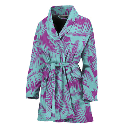 Purple And Teal Tropical Leaf Print Women's Bathrobe