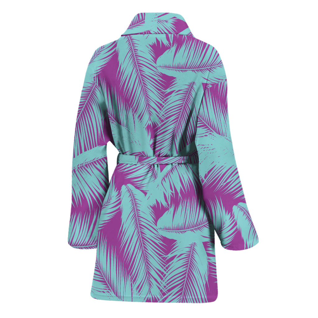 Purple And Teal Tropical Leaf Print Women's Bathrobe
