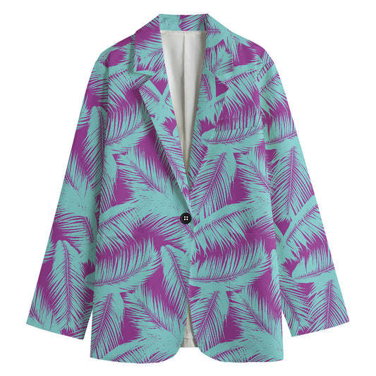 Purple And Teal Tropical Leaf Print Women's Blazer