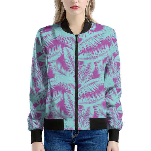 Purple And Teal Tropical Leaf Print Women's Bomber Jacket