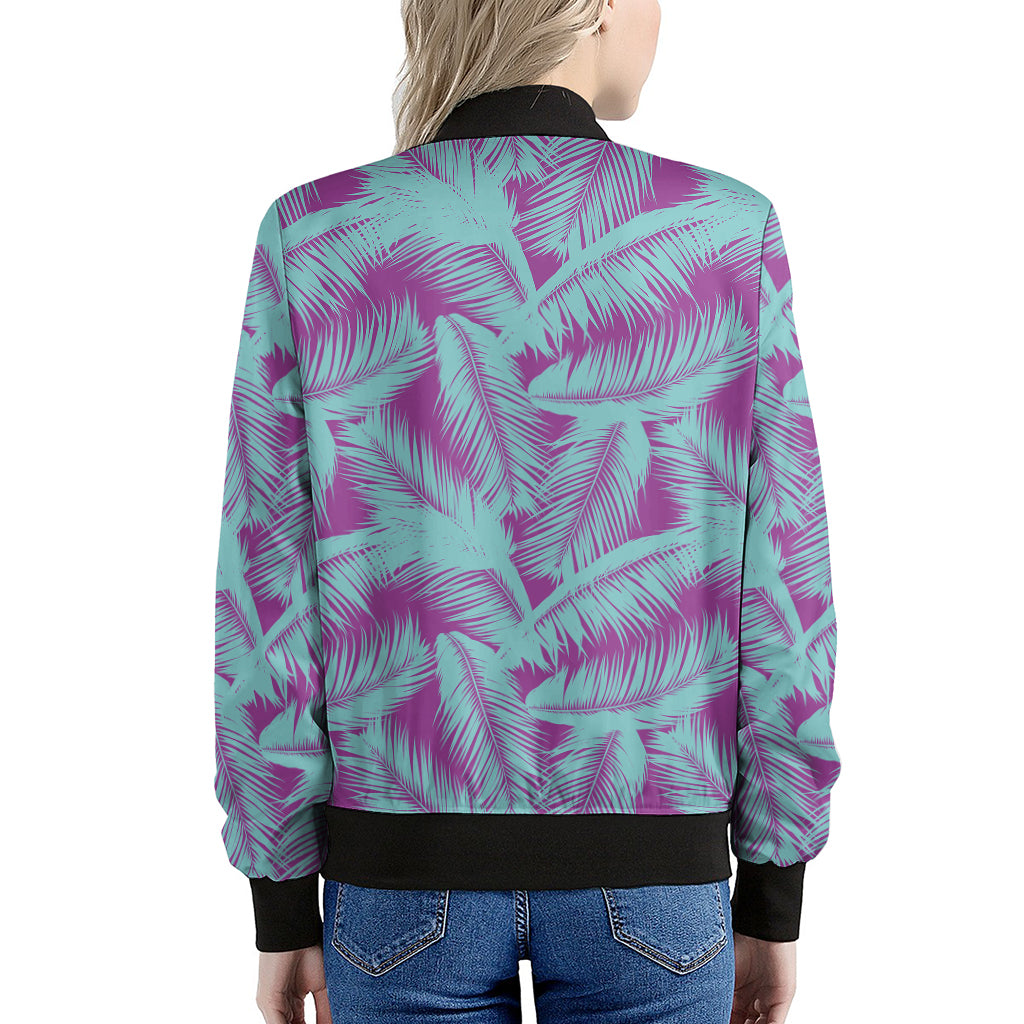 Purple And Teal Tropical Leaf Print Women's Bomber Jacket