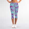Purple And Teal Tropical Leaf Print Women's Capri Leggings