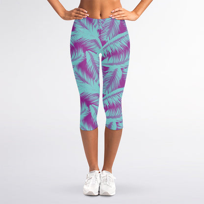Purple And Teal Tropical Leaf Print Women's Capri Leggings
