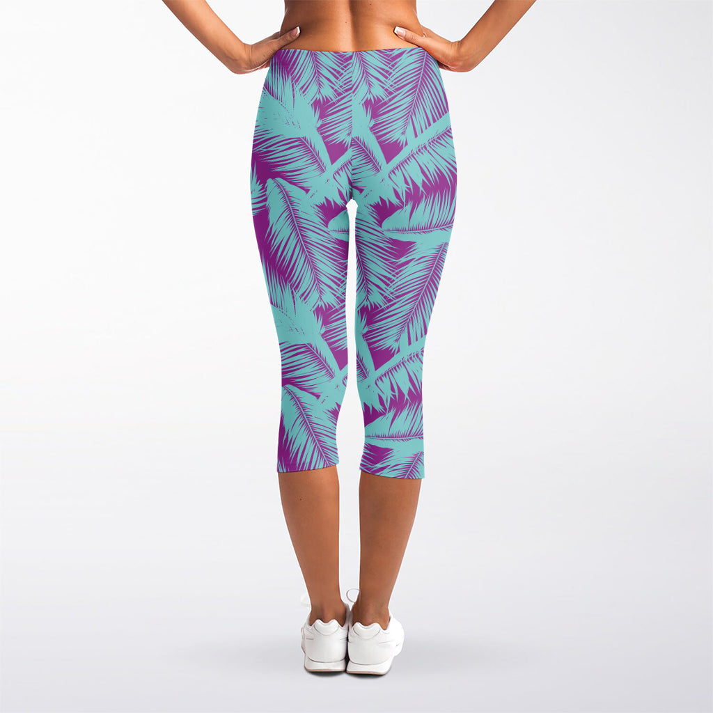 Purple And Teal Tropical Leaf Print Women's Capri Leggings