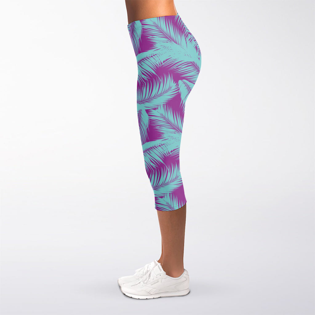 Purple And Teal Tropical Leaf Print Women's Capri Leggings