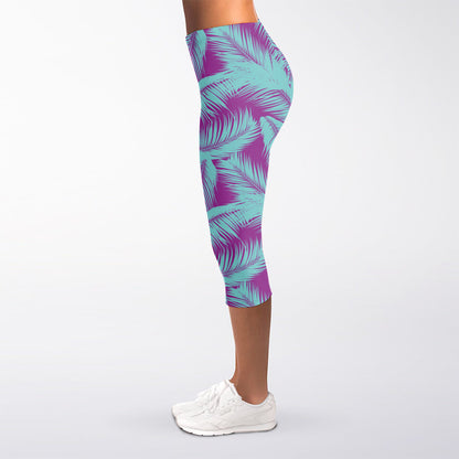 Purple And Teal Tropical Leaf Print Women's Capri Leggings