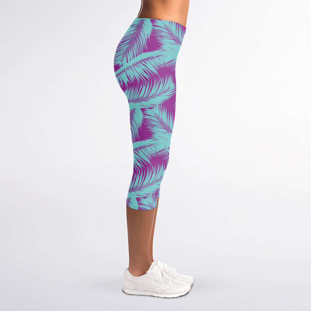 Purple And Teal Tropical Leaf Print Women's Capri Leggings
