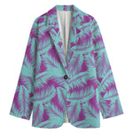 Purple And Teal Tropical Leaf Print Women's Cotton Blazer