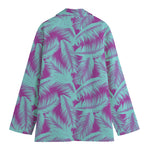 Purple And Teal Tropical Leaf Print Women's Cotton Blazer