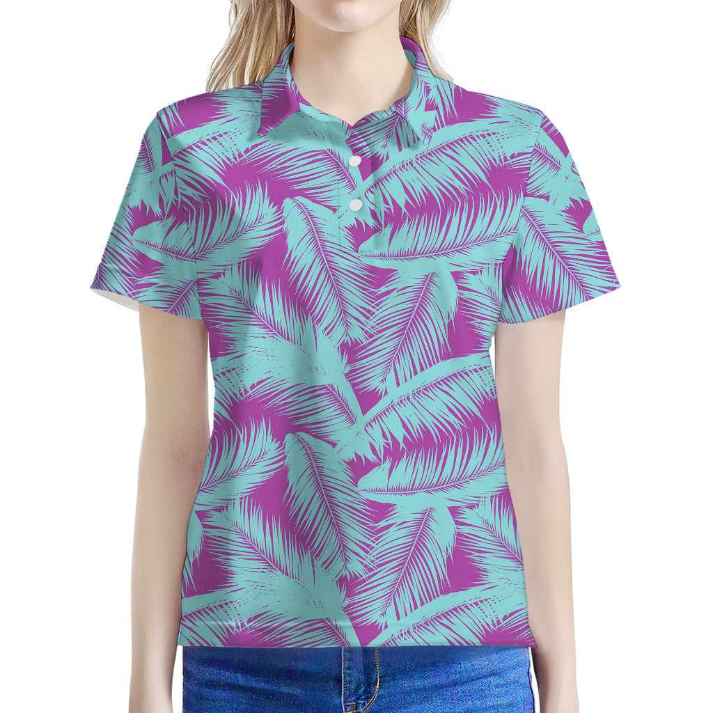 Purple And Teal Tropical Leaf Print Women's Polo Shirt