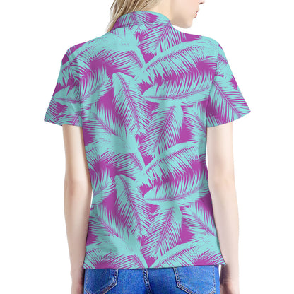 Purple And Teal Tropical Leaf Print Women's Polo Shirt