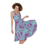 Purple And Teal Tropical Leaf Print Women's Sleeveless Dress