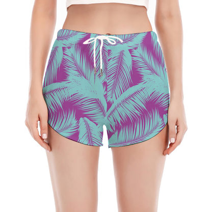 Purple And Teal Tropical Leaf Print Women's Split Running Shorts