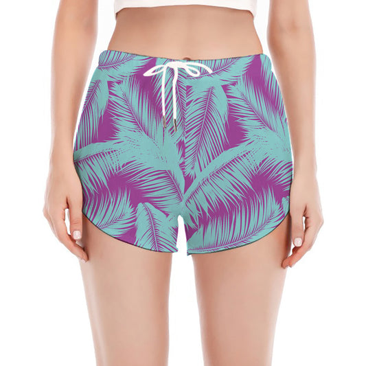 Purple And Teal Tropical Leaf Print Women's Split Running Shorts