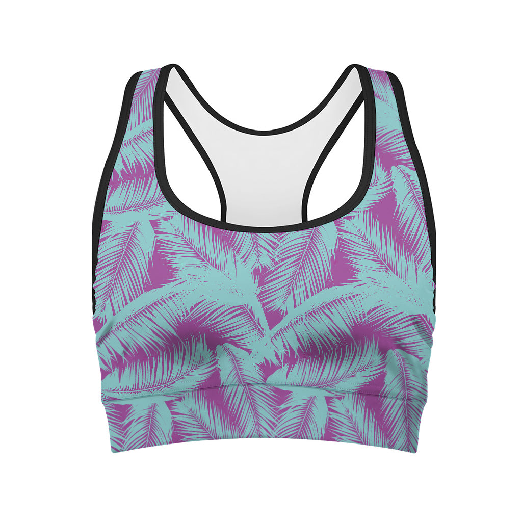 Purple And Teal Tropical Leaf Print Women's Sports Bra
