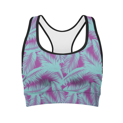 Purple And Teal Tropical Leaf Print Women's Sports Bra
