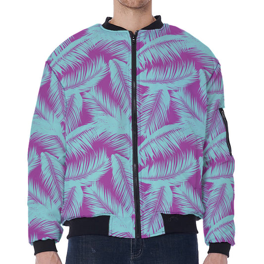 Purple And Teal Tropical Leaf Print Zip Sleeve Bomber Jacket