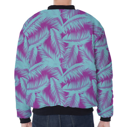 Purple And Teal Tropical Leaf Print Zip Sleeve Bomber Jacket