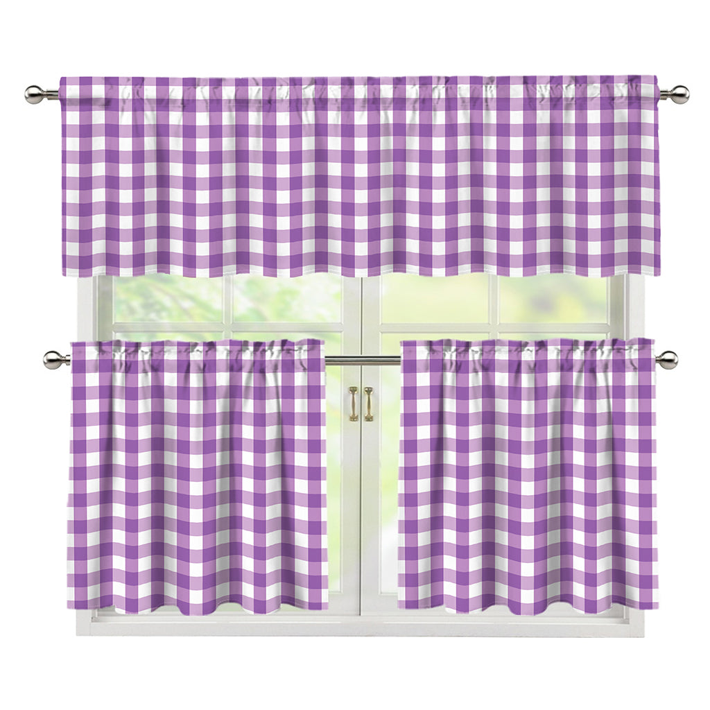 Purple And White Check Pattern Print 3 Piece Kitchen Curtains