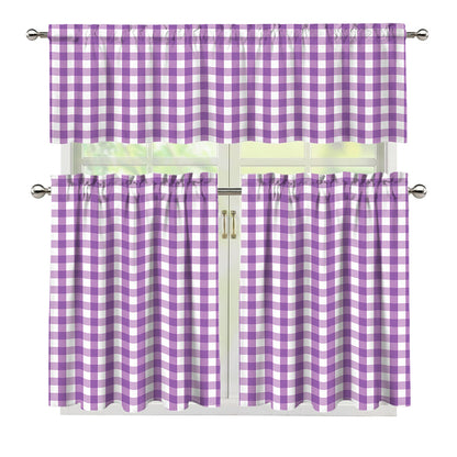 Purple And White Check Pattern Print 3 Piece Kitchen Curtains