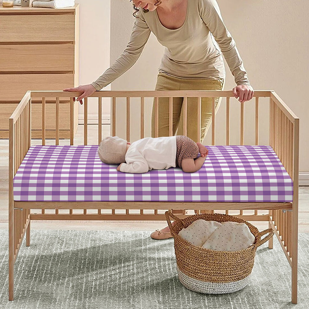 Purple And White Check Pattern Print Baby Crib Sheet