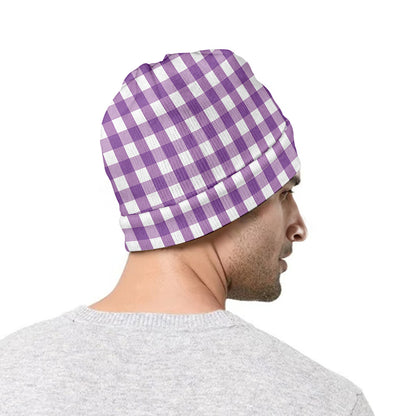 Purple And White Check Pattern Print Beanie