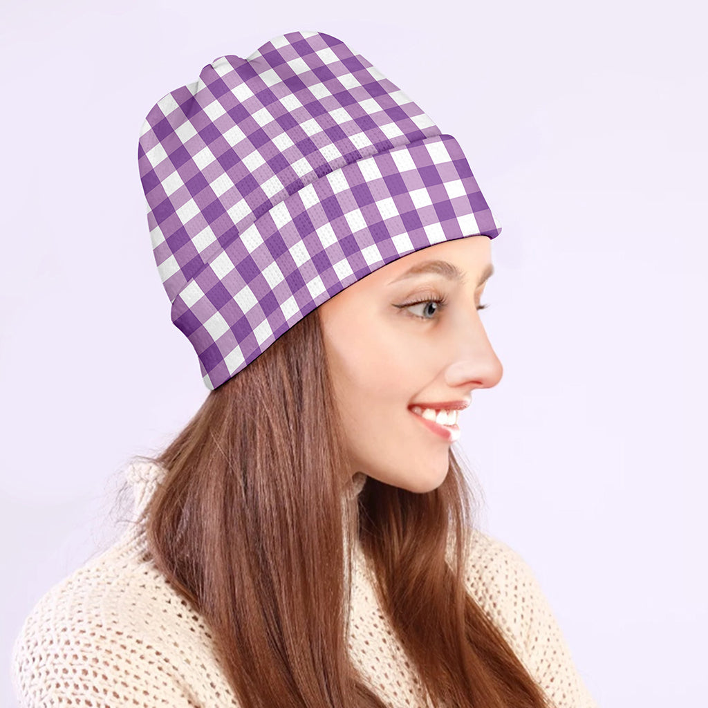Purple And White Check Pattern Print Beanie