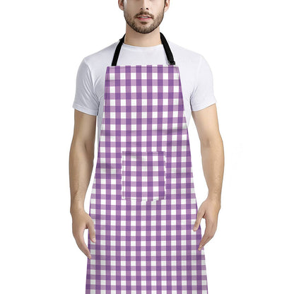 Purple And White Check Pattern Print Bib Apron With Pocket