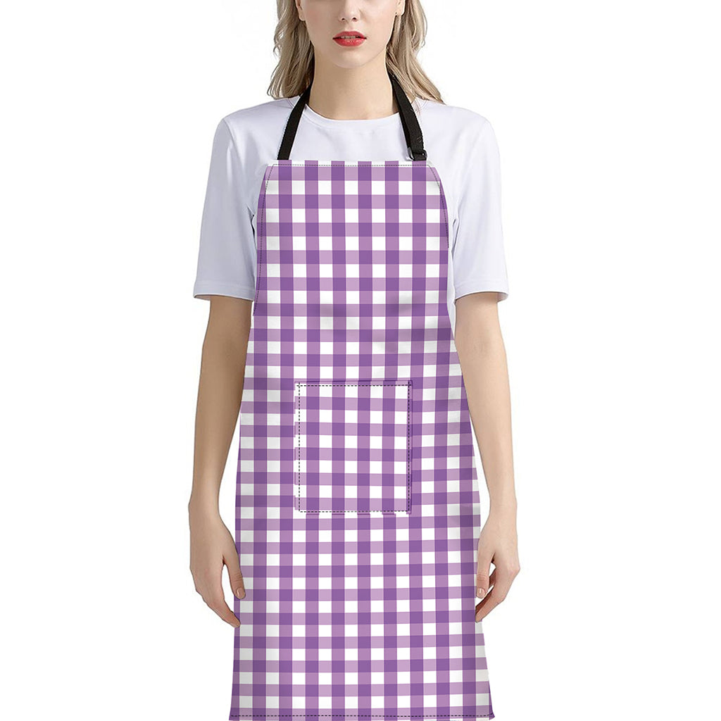 Purple And White Check Pattern Print Bib Apron With Pocket