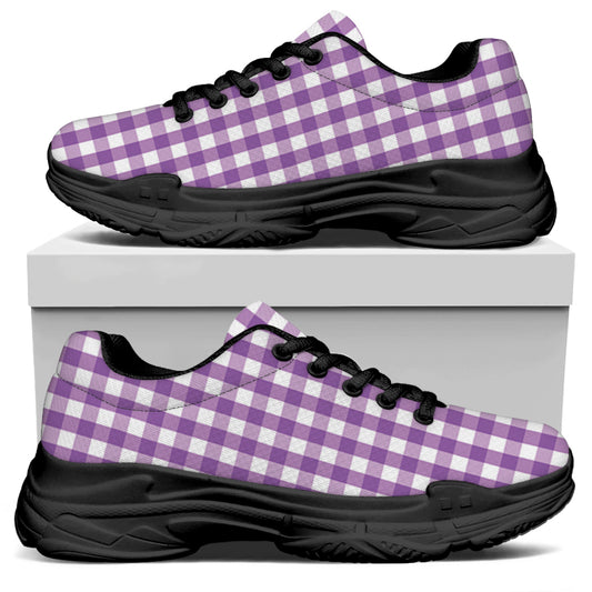 Purple And White Check Pattern Print Black Chunky Shoes