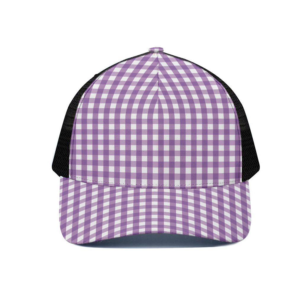 Purple And White Check Pattern Print Black Mesh Trucker Cap