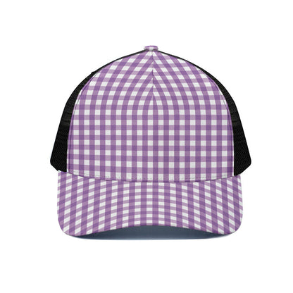 Purple And White Check Pattern Print Black Mesh Trucker Cap