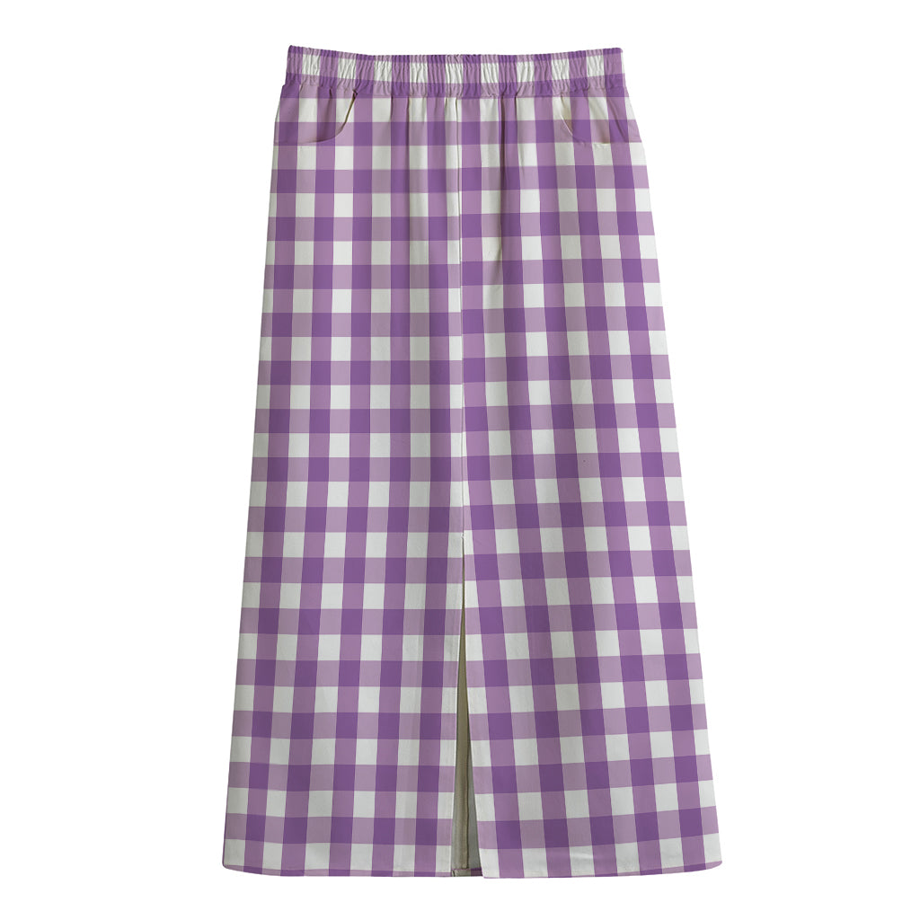 Purple And White Check Pattern Print Cotton Front Slit Maxi Skirt