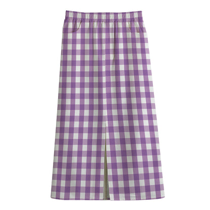 Purple And White Check Pattern Print Cotton Front Slit Maxi Skirt