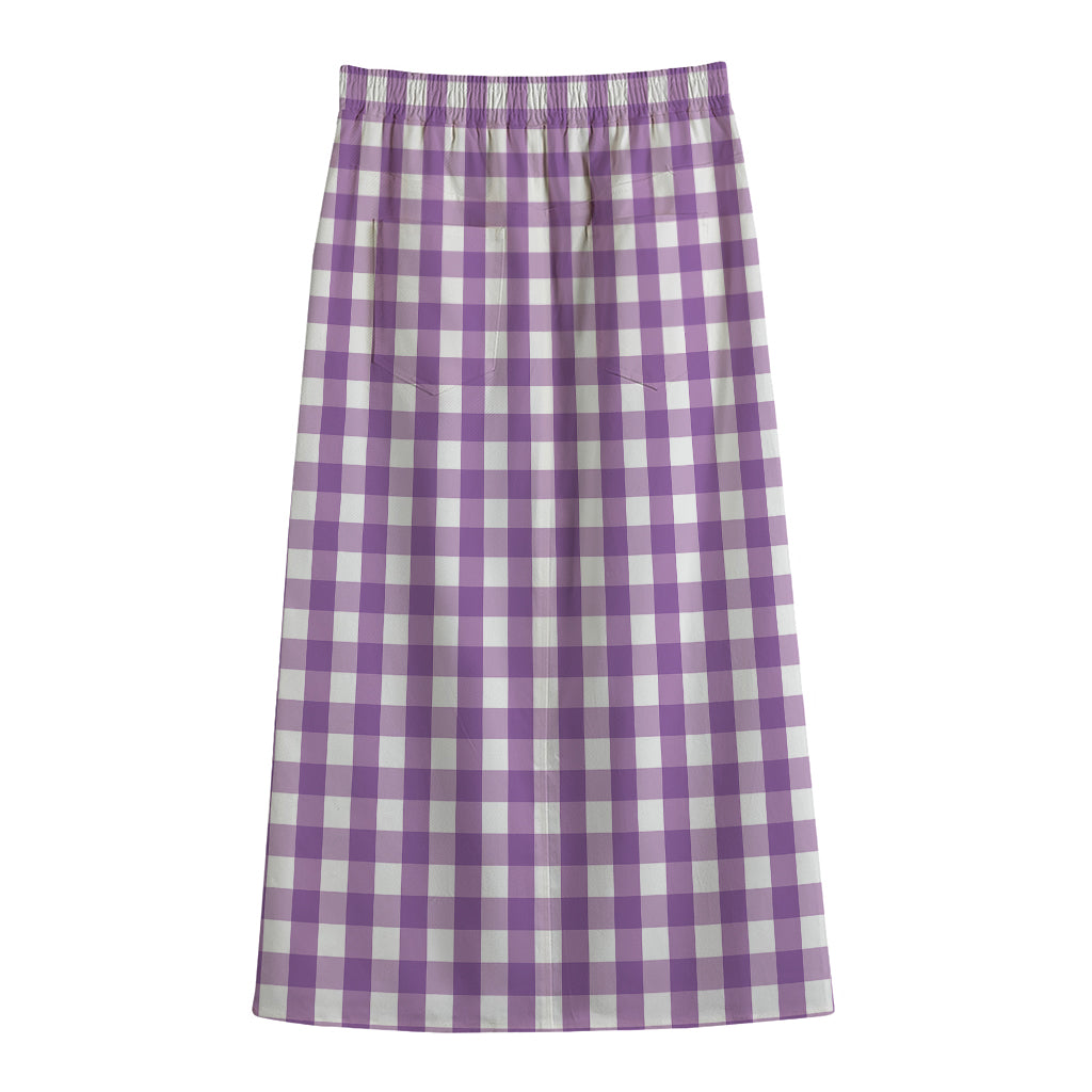 Purple And White Check Pattern Print Cotton Front Slit Maxi Skirt