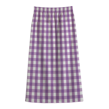 Purple And White Check Pattern Print Cotton Front Slit Maxi Skirt