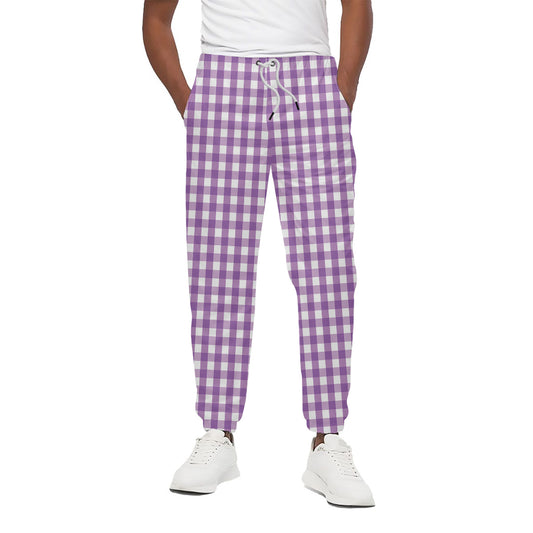 Purple And White Check Pattern Print Cotton Pants